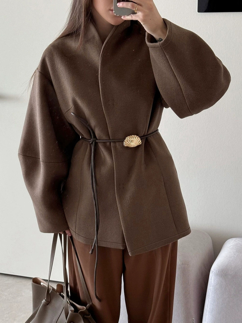 ZARA Women's Brown Wool Coat Tailored Waist Chic Autumn Winter Fashion